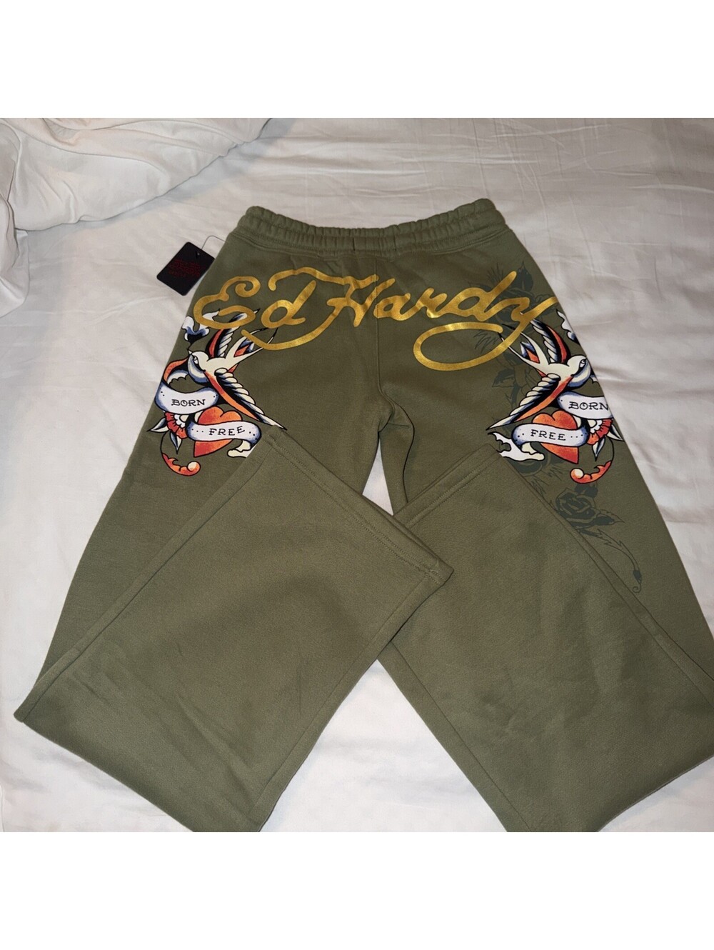 Ed Hardy Broken Hearts Flared Sweatpants Womens Sz M OLIVE Green Y2K Tattoo NEW